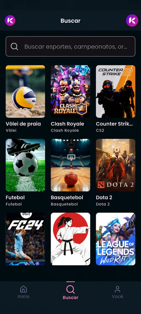 Tela de busca do Kampio com modalidades esportivas e jogos