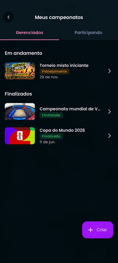 Meus campeonatos no Kampio, com as abas Gerenciados e Participando e o botão Criar