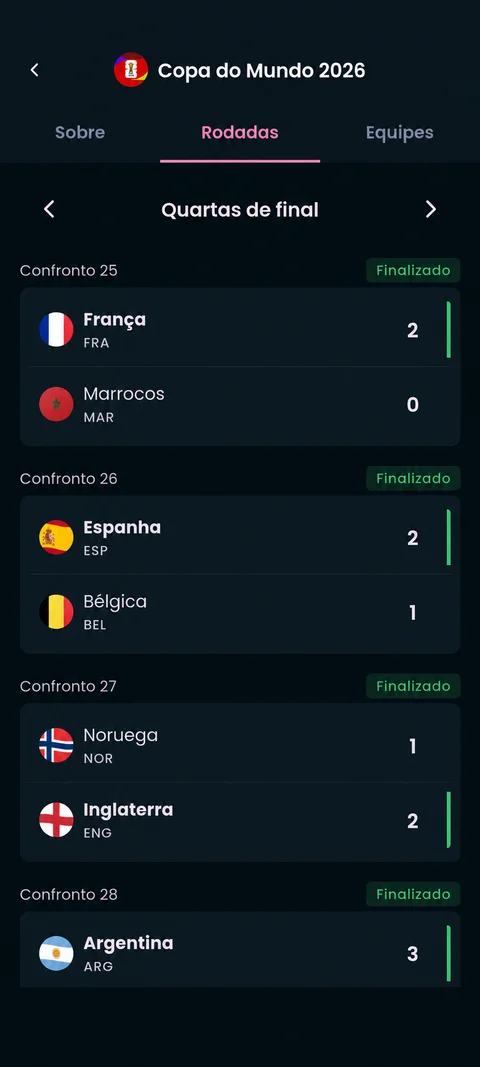Tela de rodadas do Kampio com confrontos e resultados de demonstração